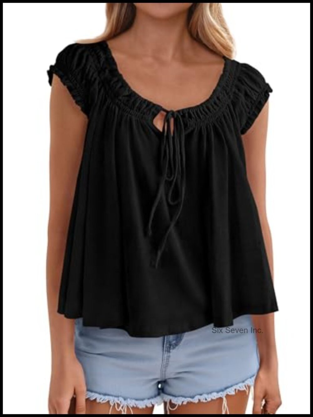 Womens Summer Tank Top Babydoll Peplum Blouse Tie Front Ruffle Cap Sleeve